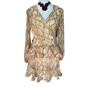 Nordstrom LEITH Dress Tan  Cream Snake  Ruffle Tiered NWT Size S Long Sleeves